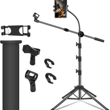 Mic Stand, Microphone Stand Floor Boom Mic Stand with Tablet Phone Holder Height Adjustable Four-legged Stand Gooseneck Boom Arm with 2 Mic Clips for Singing Stage Performance Party